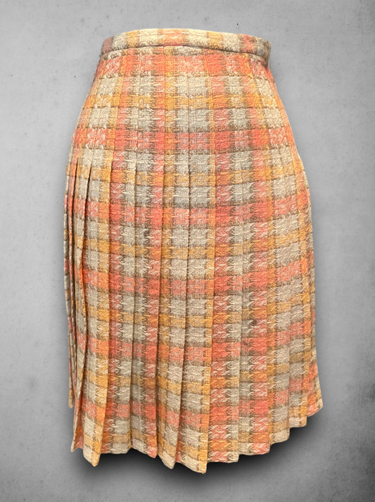 1960’s Wool Pleated Salmon Pink, Orange & Beige Plaid Skirt