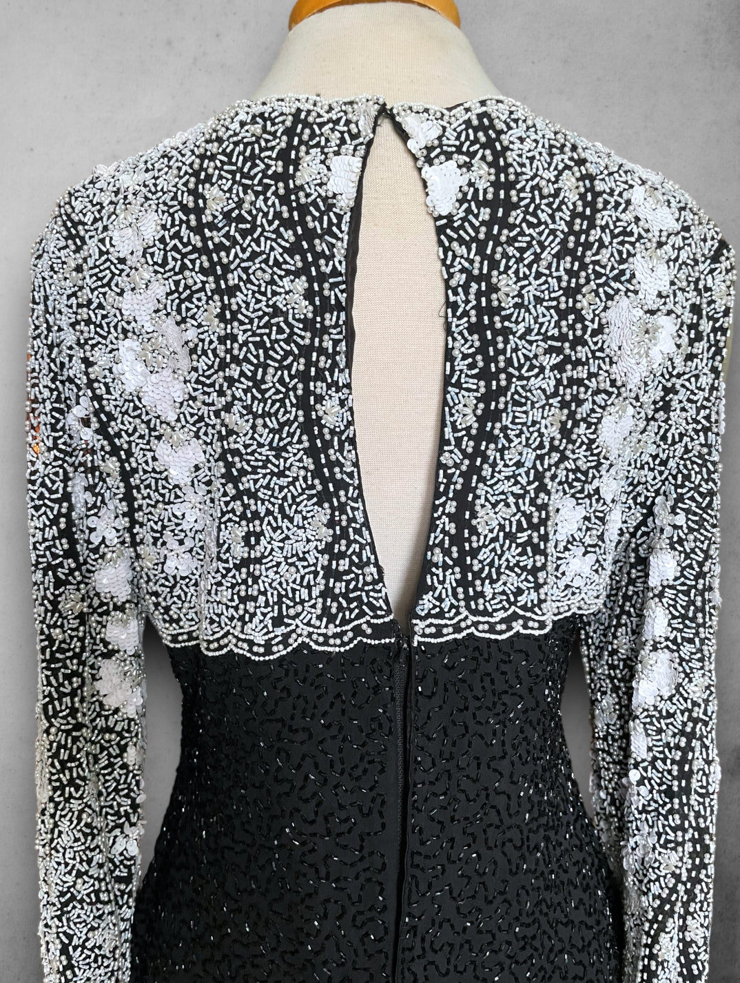 Vintage 1970’s Silk Black & White Glass Beaded, Sequin & Pearl Party Dress