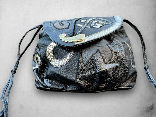 Vintage 1980’s Brand New Black, Silver, Gold & Bronze Metallic Textured Leather Abstract Patchwork Purse