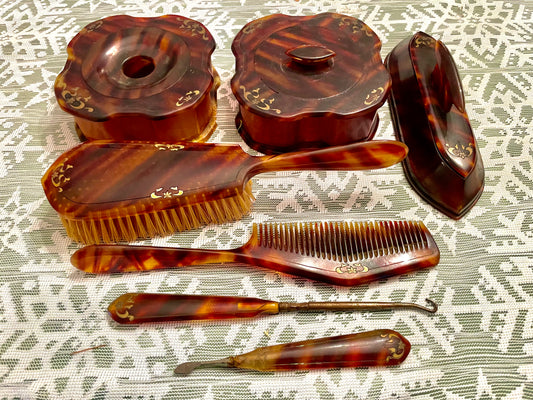 1920’s La Belle Tortoise Shell Pyralin Celluloid 7 pcs Vanity Set: Hand Mirror, Hair Brush & more