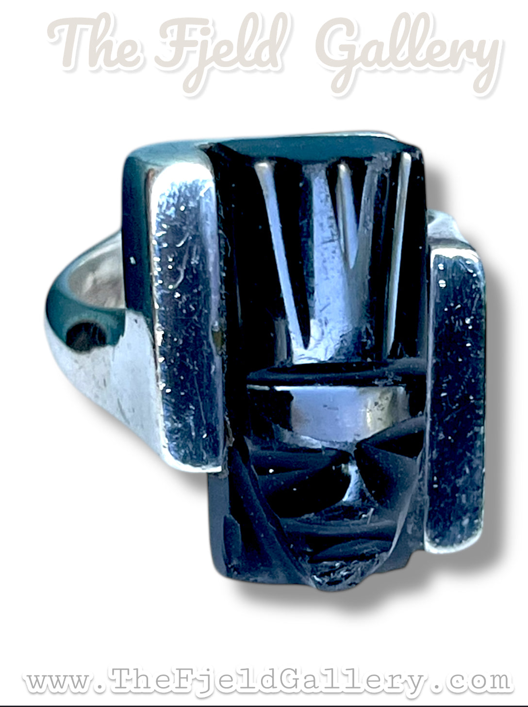 Black Onyx Carved Face Mask Taxco Mexico Sterling Silver JCOA Eagle 2 RING sz 7