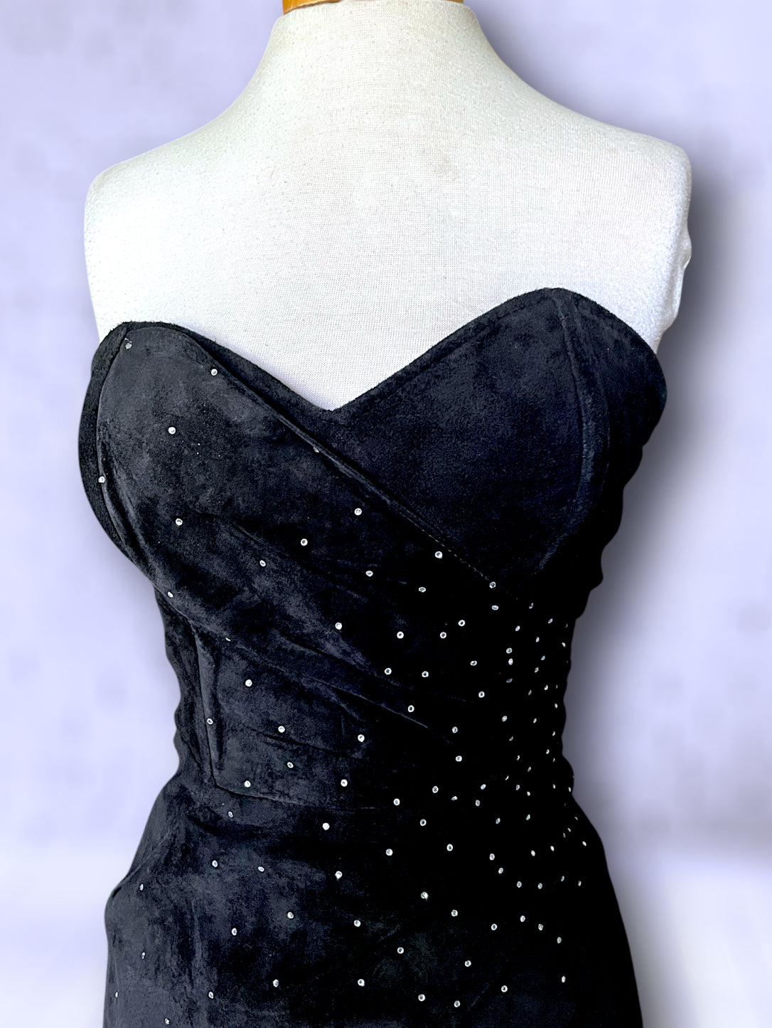 Vintage 1980’s Black Suede Leather Strapless Mini Dress with Crystal Detail