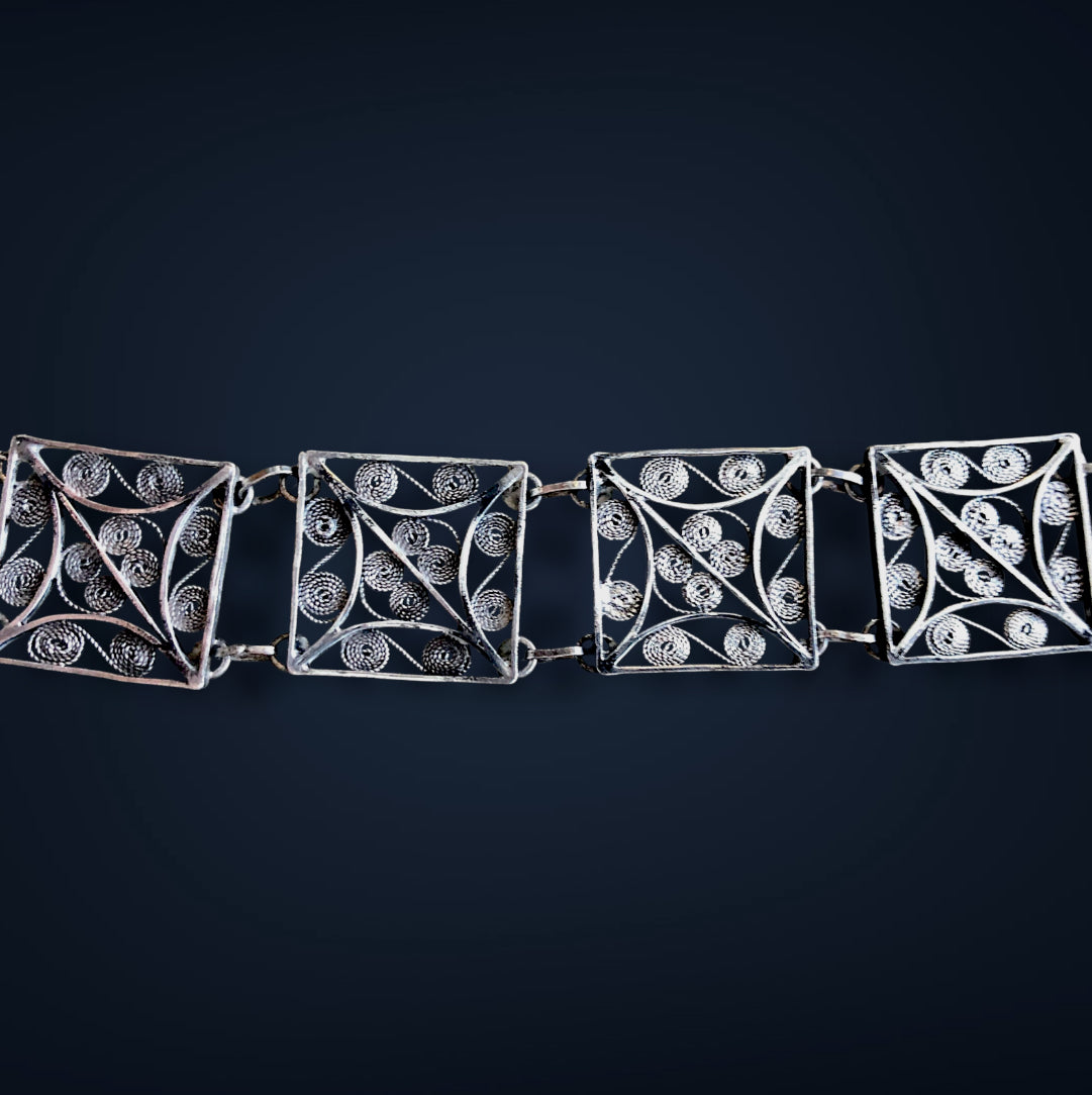 Vintage Victorian Sterling Silver Filigree Pin Hinge Panel Bracelet