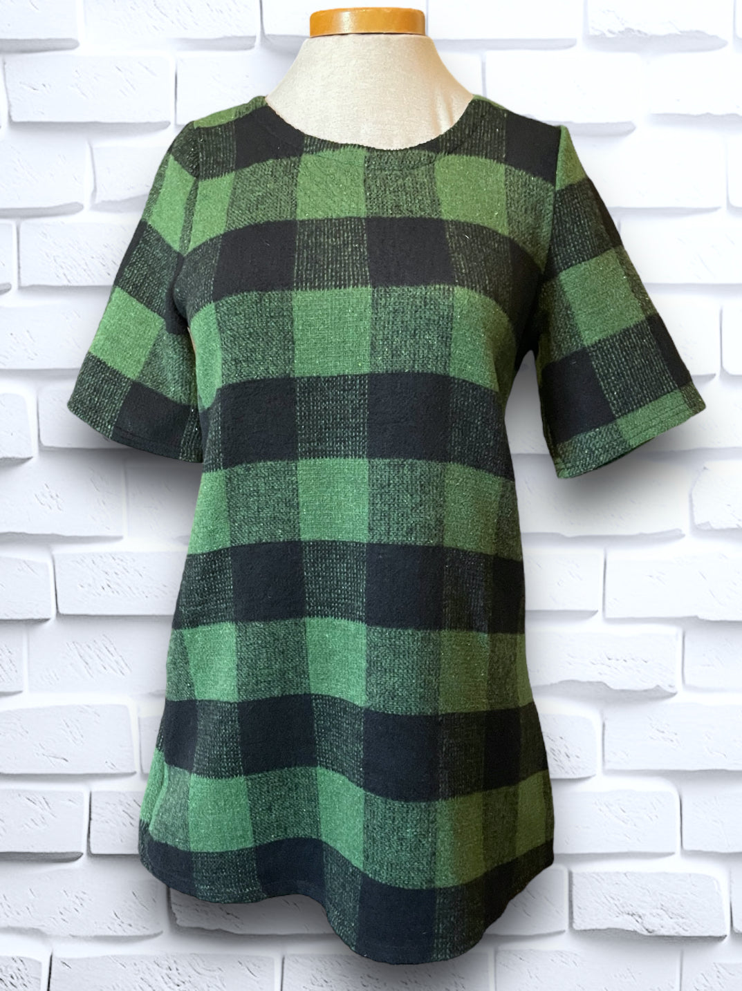 Vintage Green Plaid 3/4 Sleeve Mini Dress