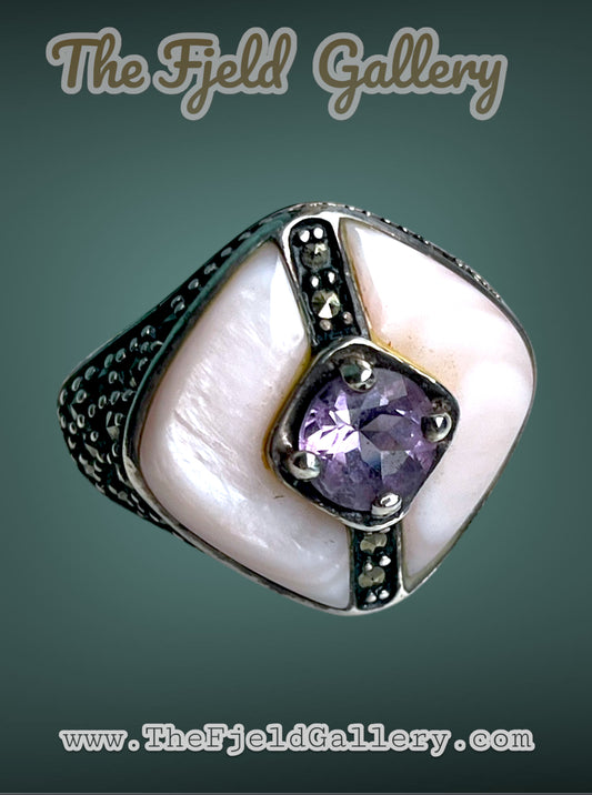 Art Deco Sterling Silver Marcasite Amethyst & Mother of Pearl Cocktail ring