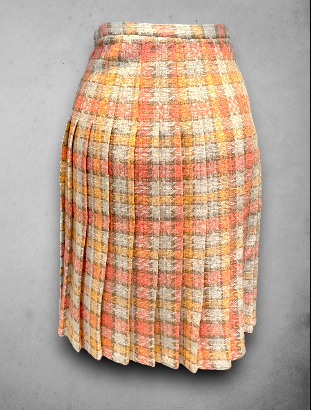 1960’s Wool Pleated Salmon Pink, Orange & Beige Plaid Skirt