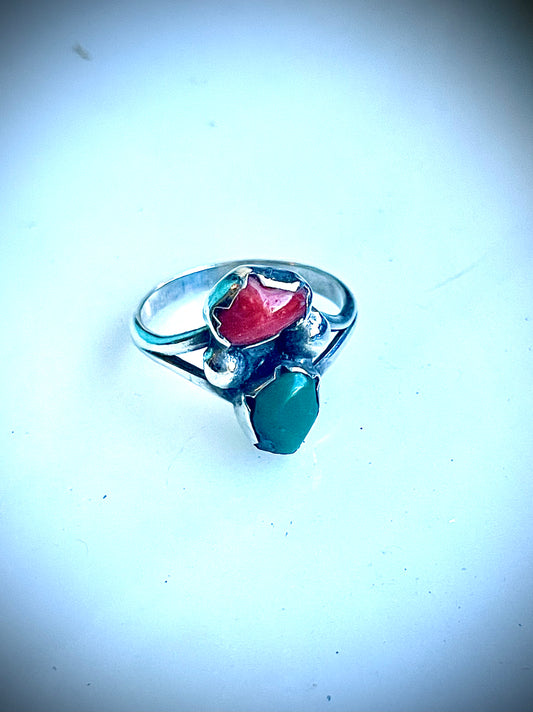 Native American Vintage Sterling Silver Turquoise & Red Coral Ring sz 6.5