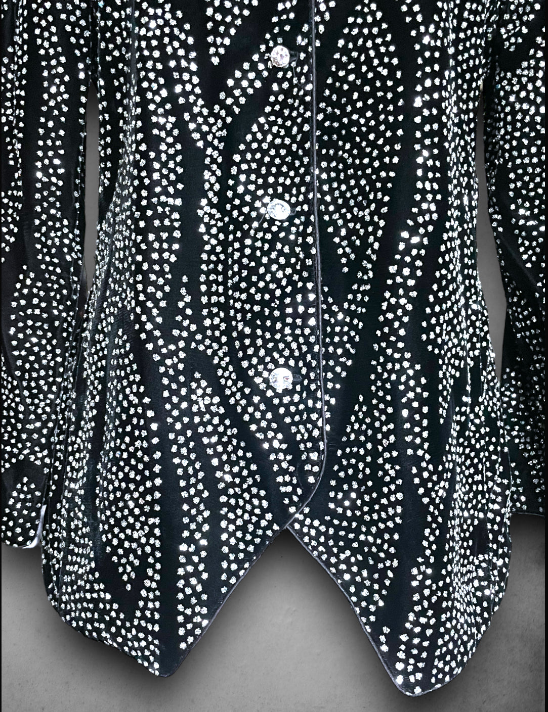 Vintage 1980’s Black Velvet Silver Glitter Pattern Coat / Button Up Blouse