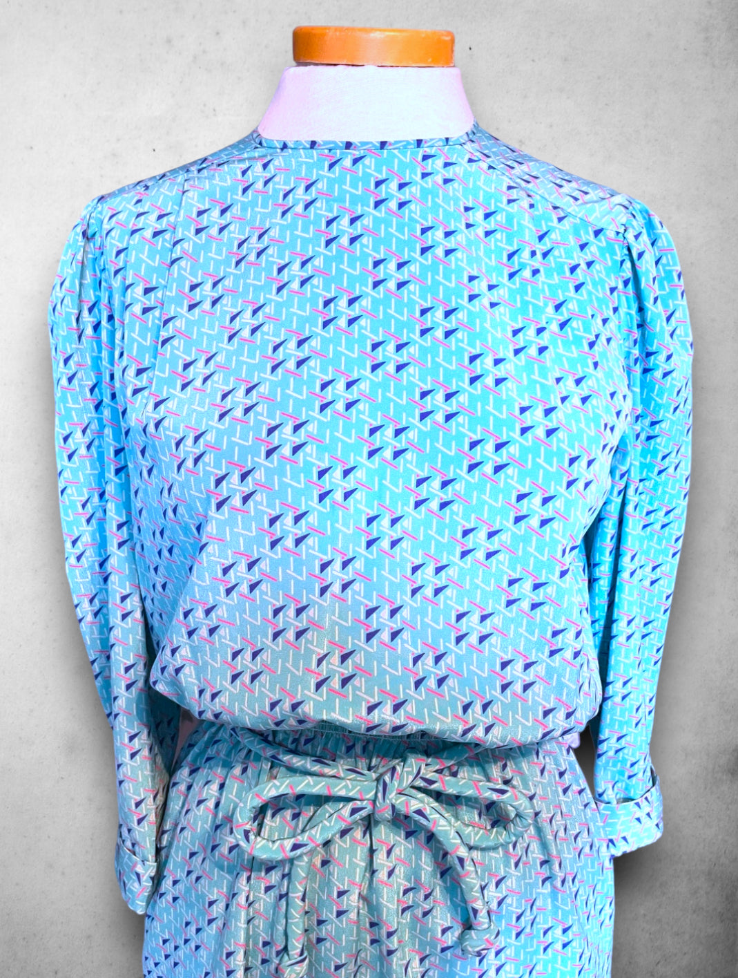 Vintage 1980’s Blue, Teal, Pink & White Abstract Pattern Dress