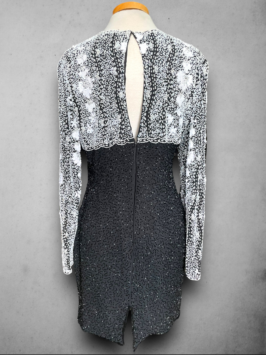 Vintage 1970’s Silk Black & White Glass Beaded, Sequin & Pearl Party Dress