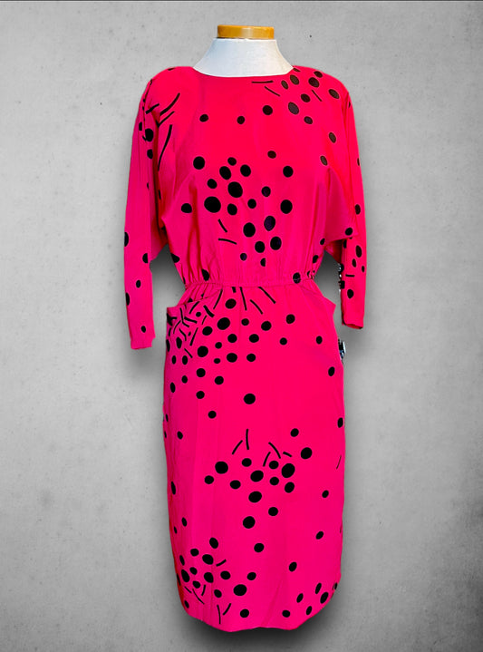 1980’s Pink Magenta Abstract Polka Dot Print Batwing Dress with Pockets