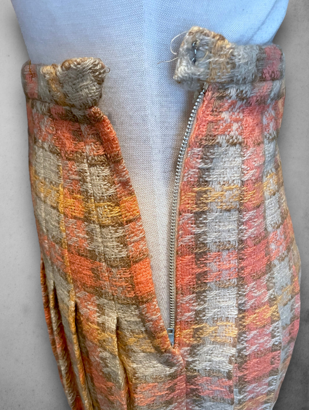 1960’s Wool Pleated Salmon Pink, Orange & Beige Plaid Skirt