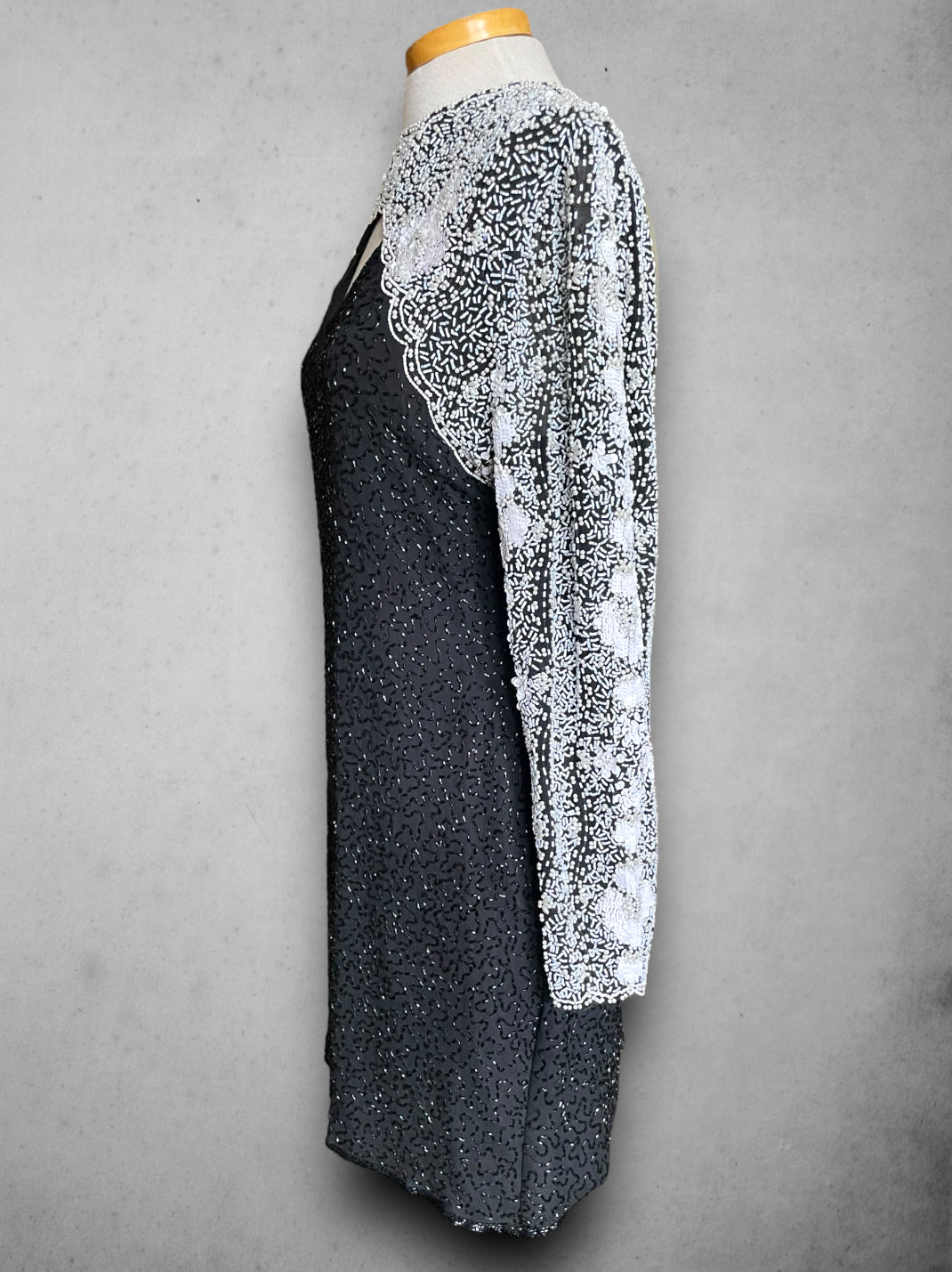 Vintage 1970’s Silk Black & White Glass Beaded, Sequin & Pearl Party Dress