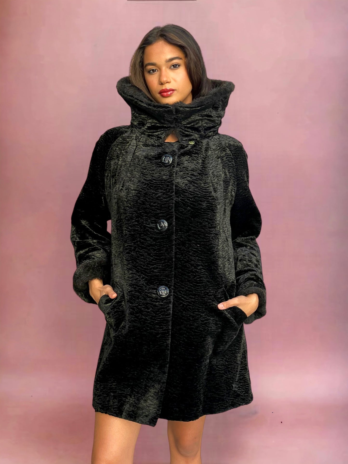 Mod 1960’s Tiger Stripe Patterned Black Velvet & Faux Fur Evening Coat