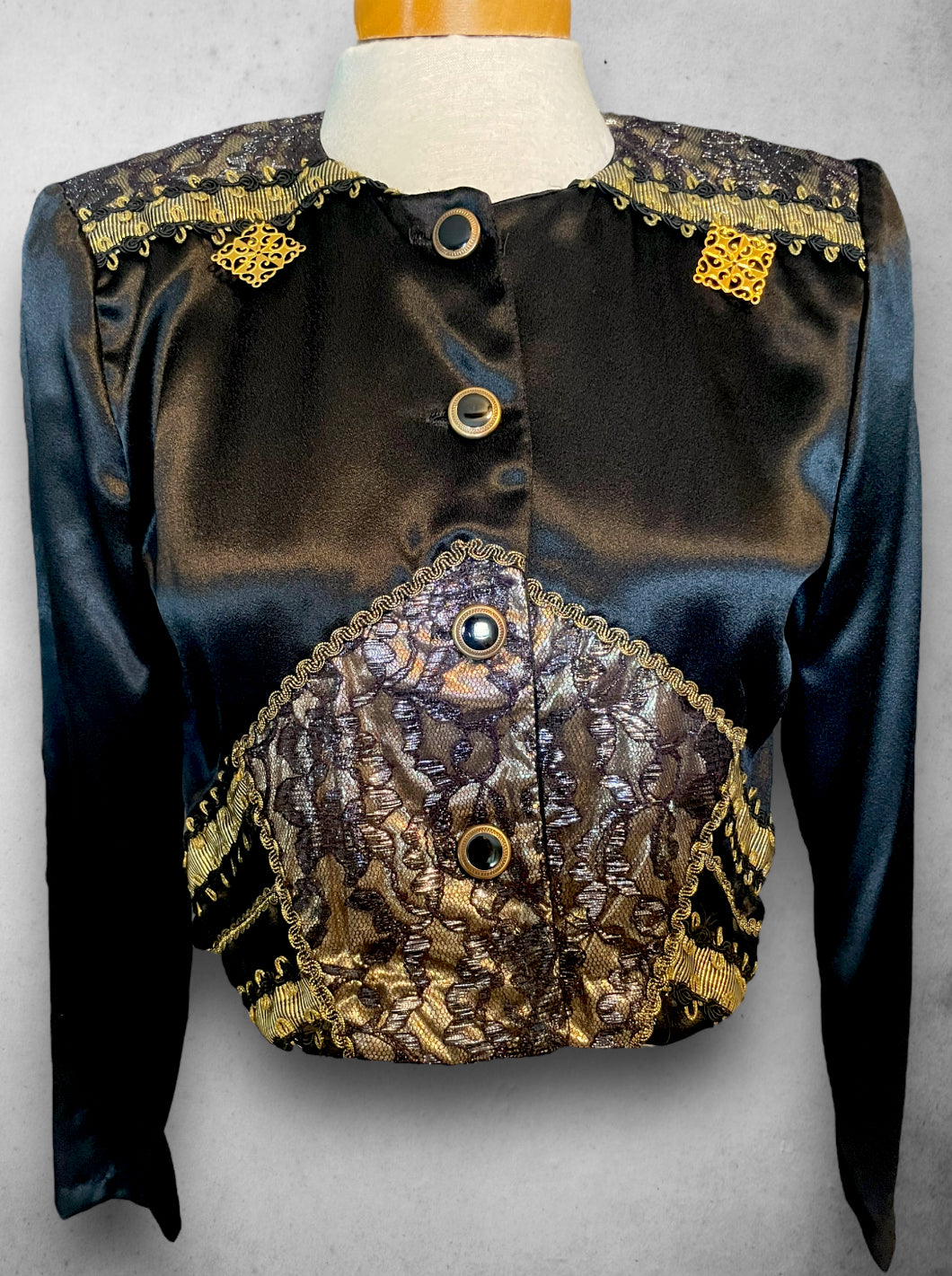 1980’s All That Jazz Black & Gold Lamé & Lace Pop Star Crop Satin Jacket