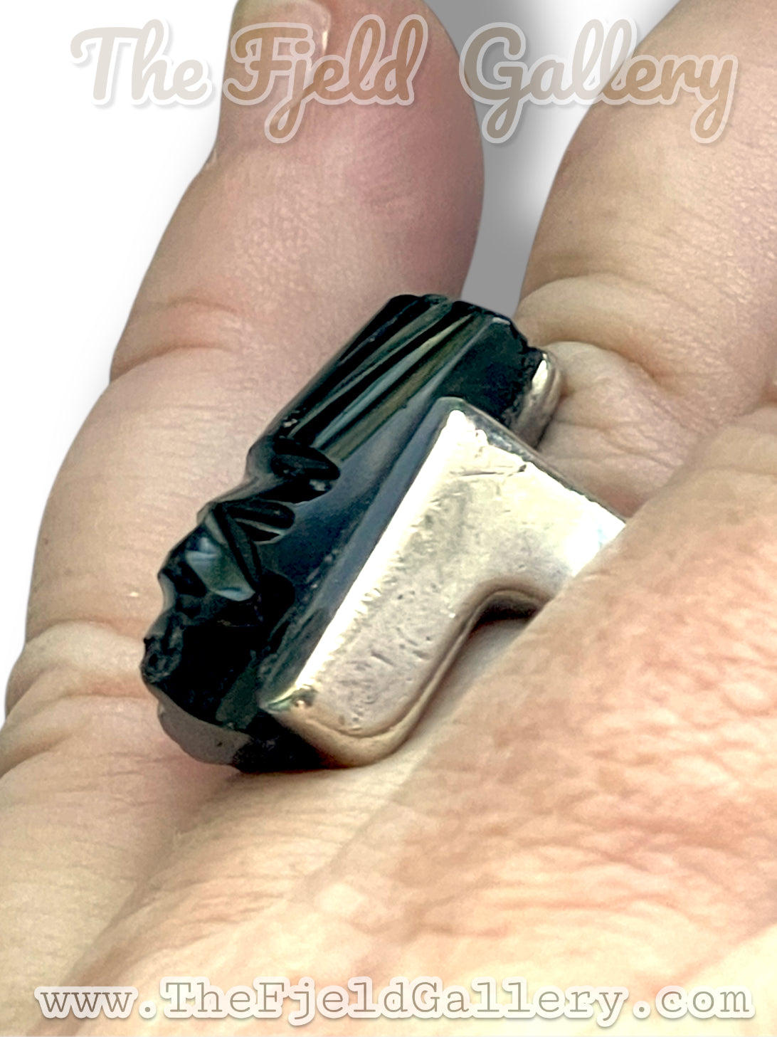 Black Onyx Carved Face Mask Taxco Mexico Sterling Silver JCOA Eagle 2 RING sz 7