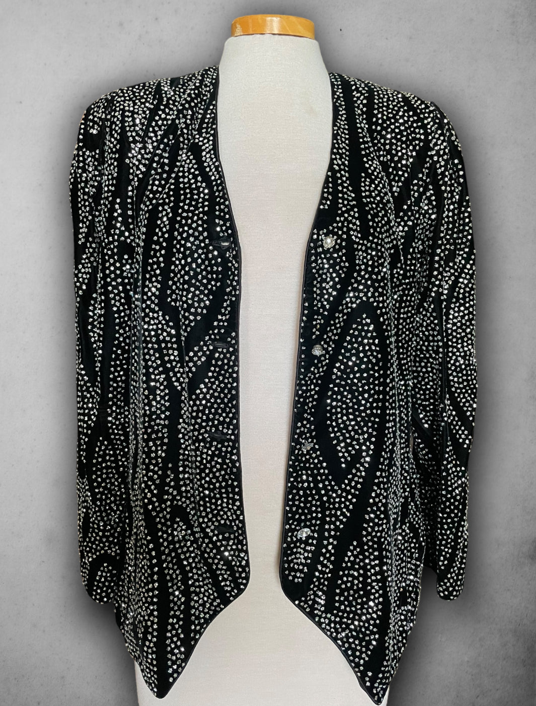 Vintage 1980’s Black Velvet Silver Glitter Pattern Coat / Button Up Blouse