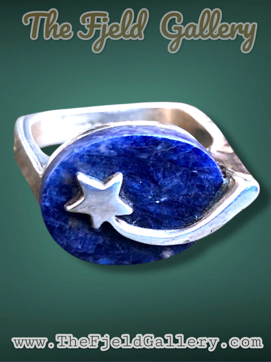 Modernist Sterling Silver Shooting Star Lapis Lazuli Gemstone Geometric Ring