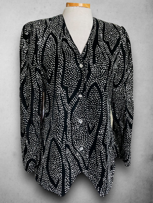 Vintage 1980’s Black Velvet Silver Glitter Pattern Coat / Button Up Blouse