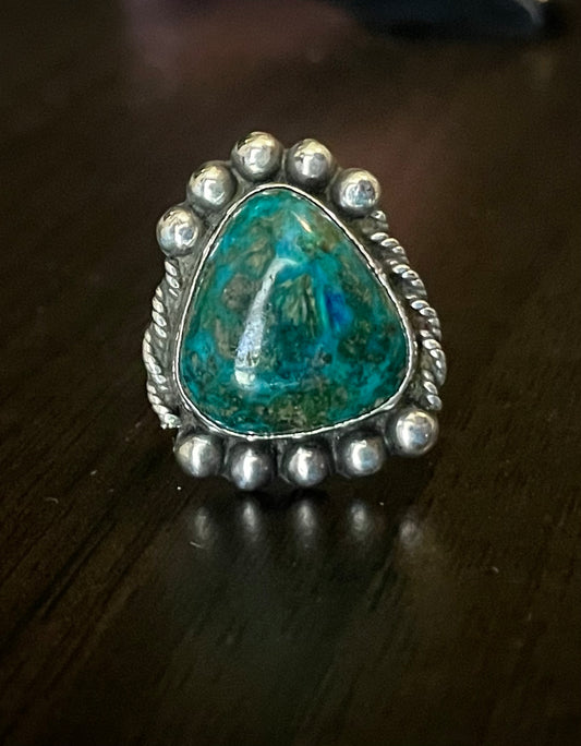 Vintage Triangle Turquoise Sterling Silver Native American Ring Signed sz 6.75