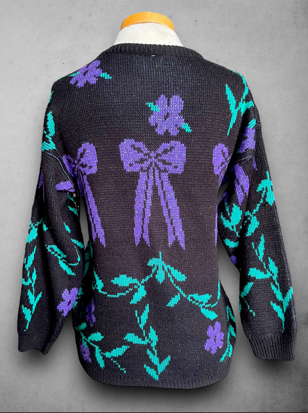 Vintage 1980’s Sweater with Purple & Green Bow and Floral Design & Purple Crystal Detail