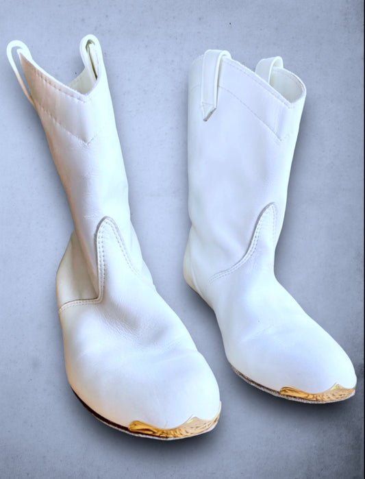 Vintage White Leather & Gold Toe Tip Short Crop Cowboy Boots