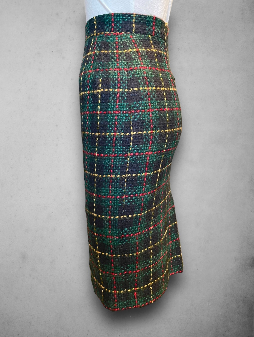 Vintage Green, Red, Yellow & Black Plaid Wool Pencil Skirt