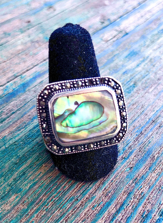 Sterling silver and abalone rectangle ring with marcasites sz 7.75