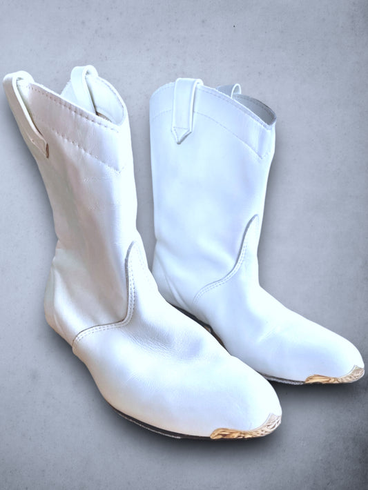 Vintage White Leather & Gold Toe Tip Short Crop Cowboy Boots