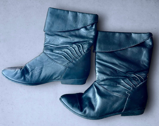 Vintage Black Faux Leather Crop Boots