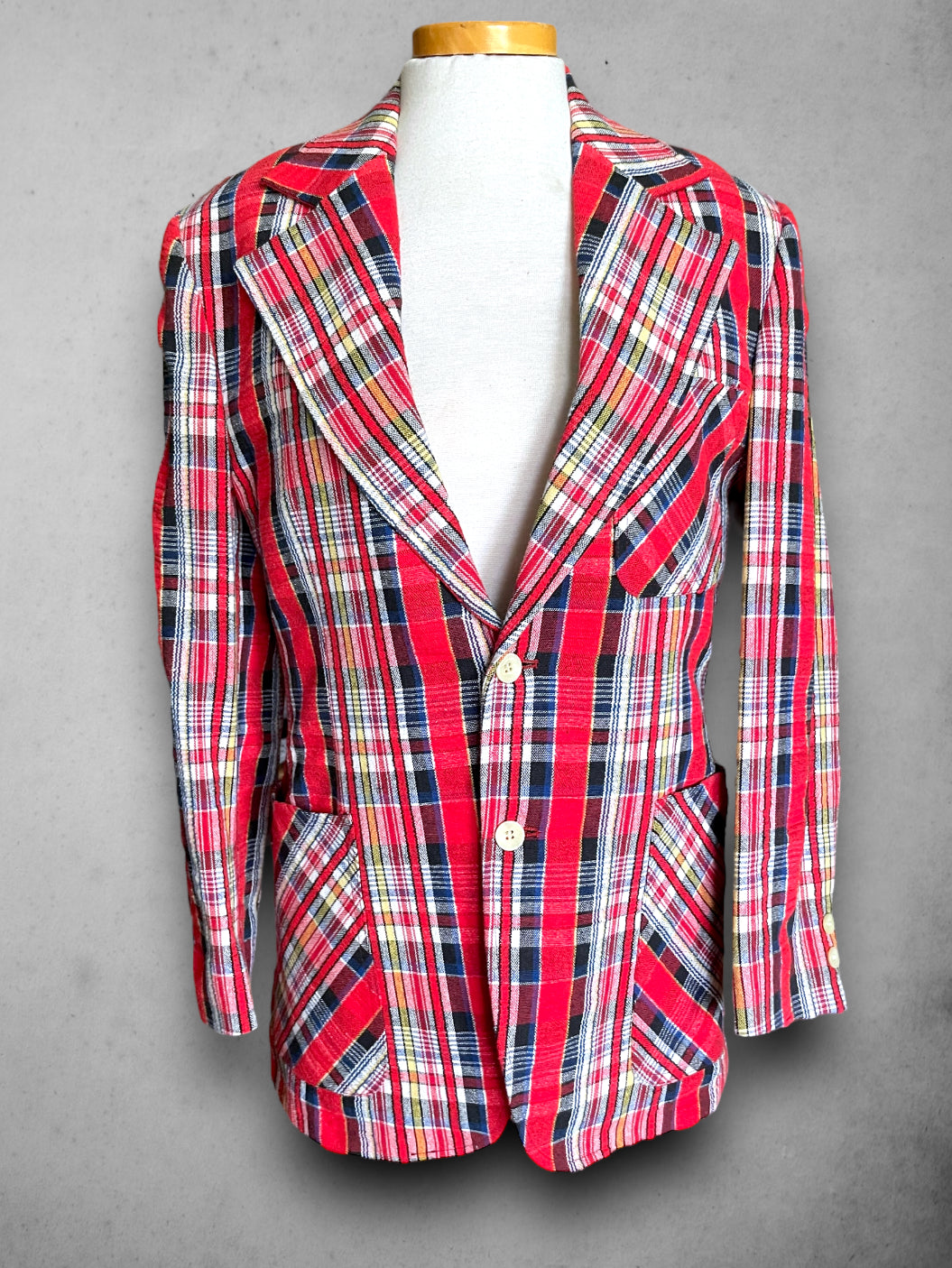 Vintage 1970’s Johnny Carson Red, Yellow, Blue & White Plaid Sports Coat / Blazer