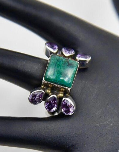 Vintage Chrysocolla & Amethyst Sterling Silver Ring Size 10
