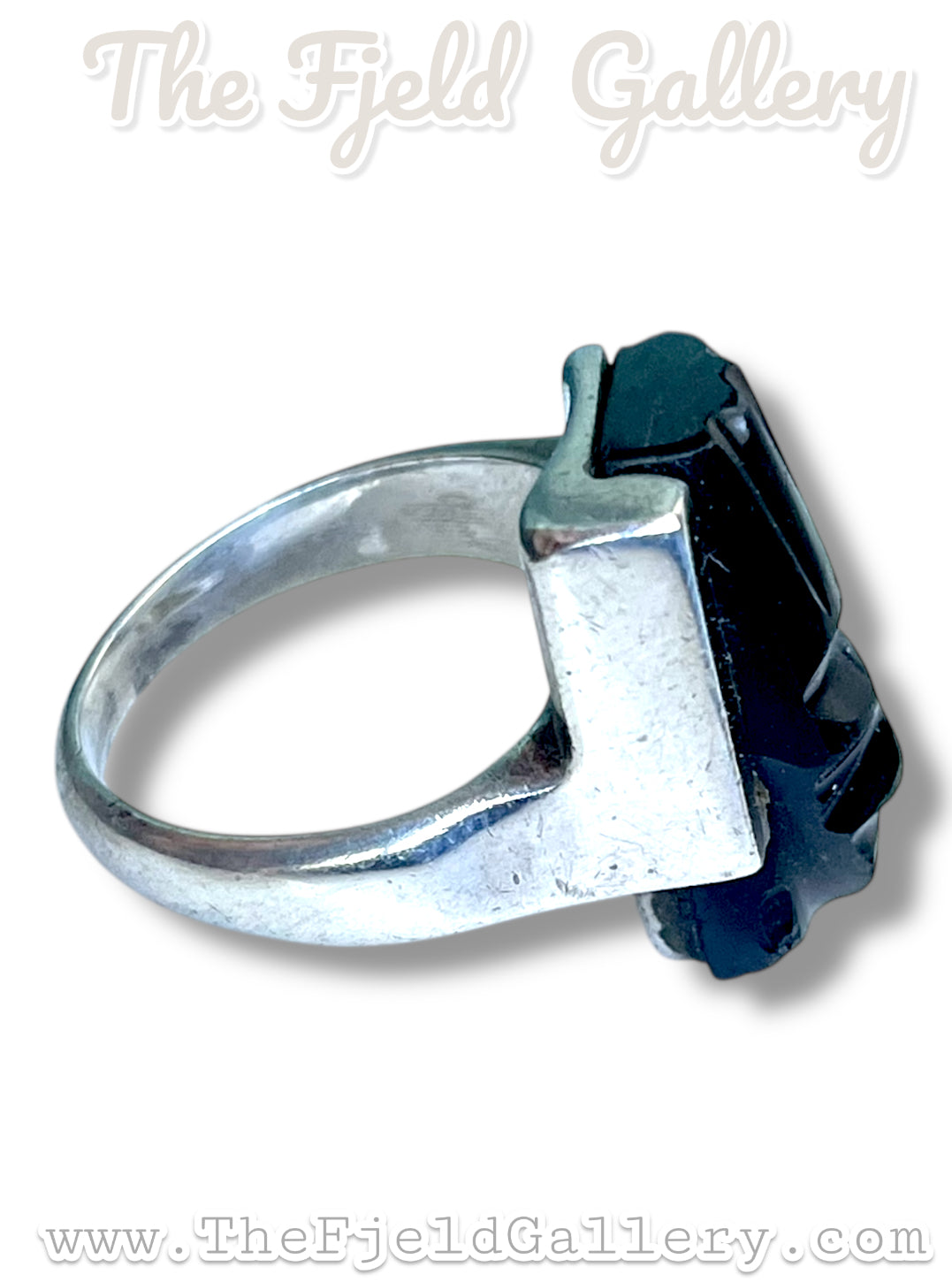 Black Onyx Carved Face Mask Taxco Mexico Sterling Silver JCOA Eagle 2 RING sz 7