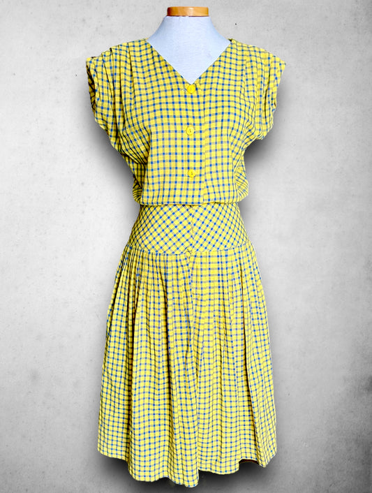 Vintage 1970’s Blue & Yellow Plaid Sleeveless Dress