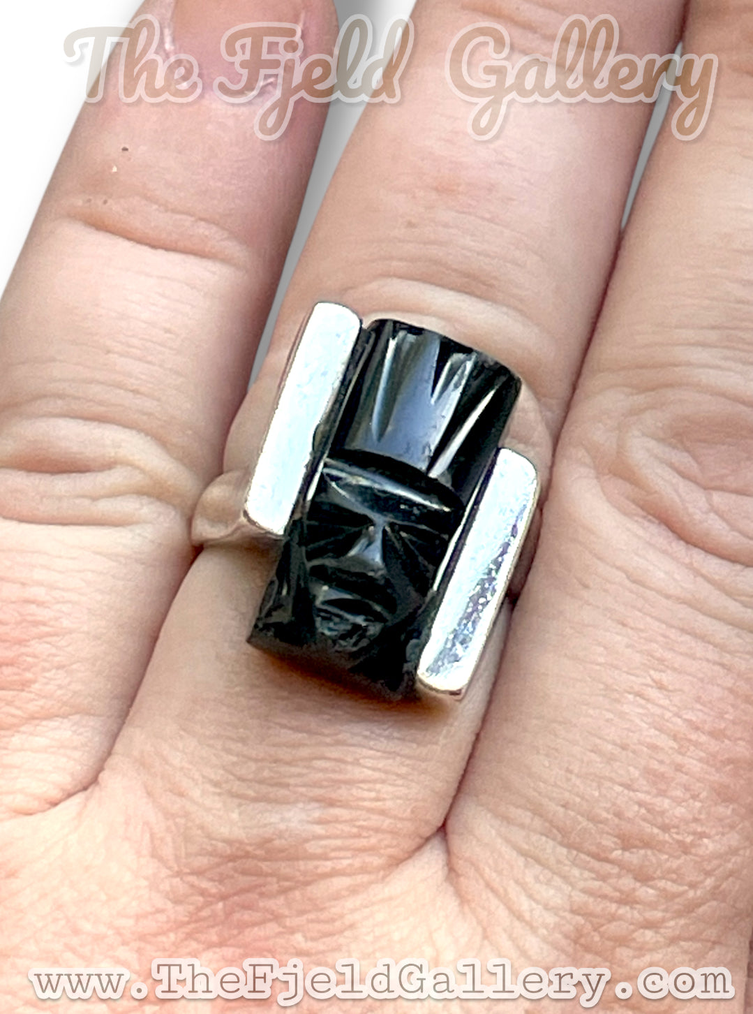 Black Onyx Carved Face Mask Taxco Mexico Sterling Silver JCOA Eagle 2 RING sz 7