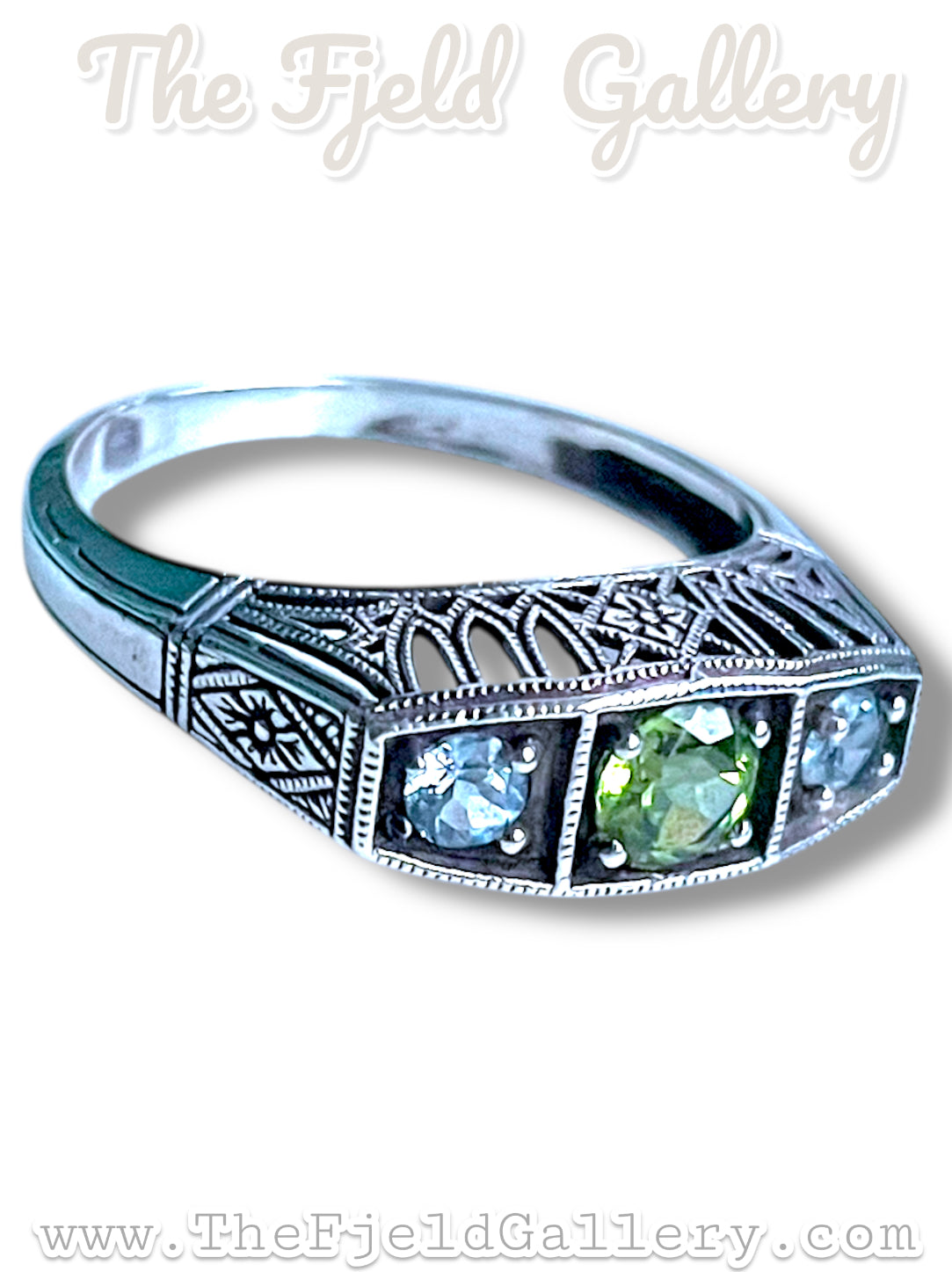 Aquamarine & Peridot Victorian Sterling Silver Filigree Ring sz 7.5
