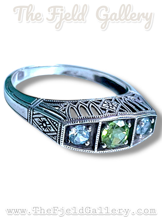 Aquamarine & Peridot Victorian Sterling Silver Filigree Ring sz 7.5