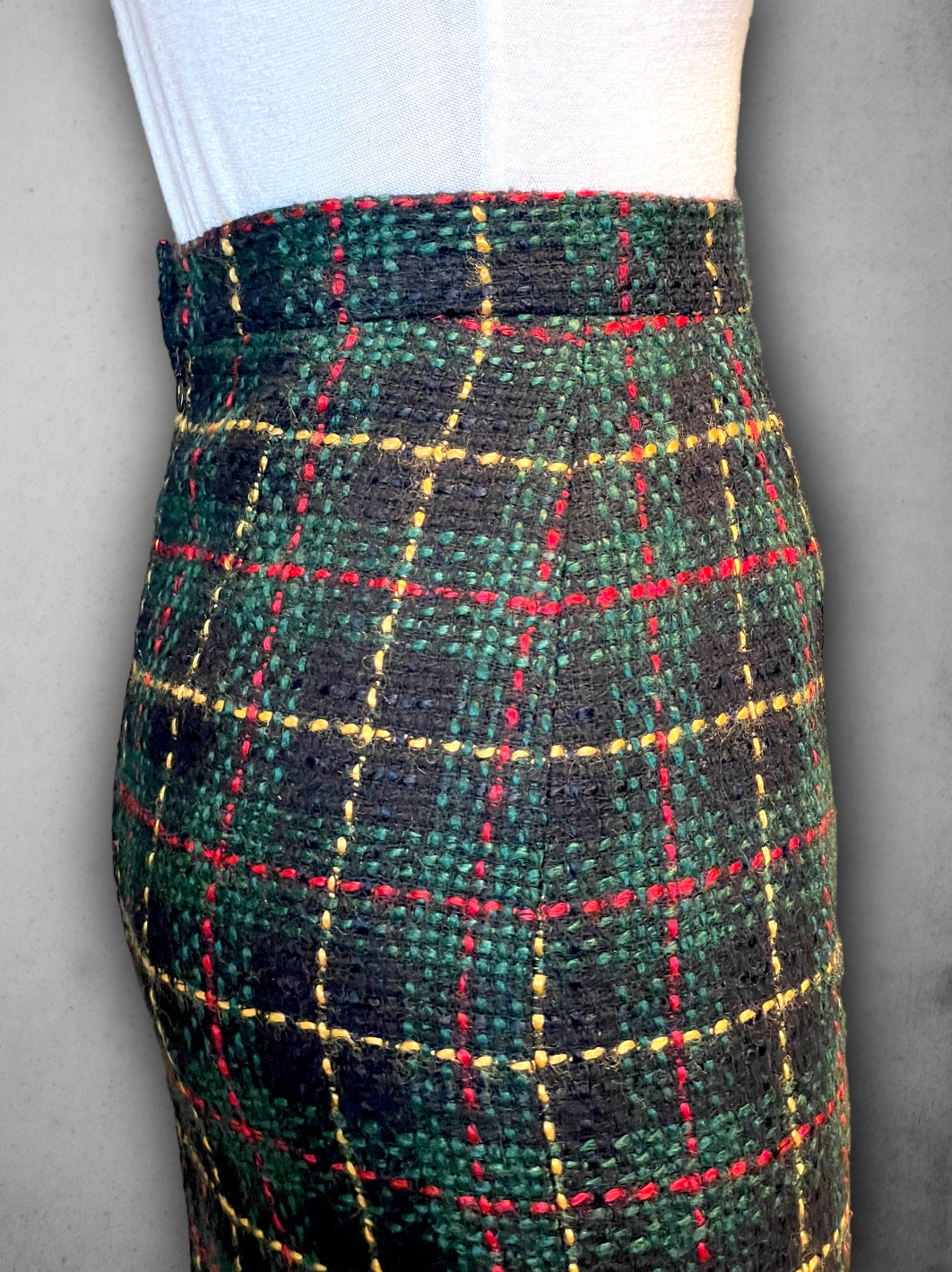 Vintage Green, Red, Yellow & Black Plaid Wool Pencil Skirt