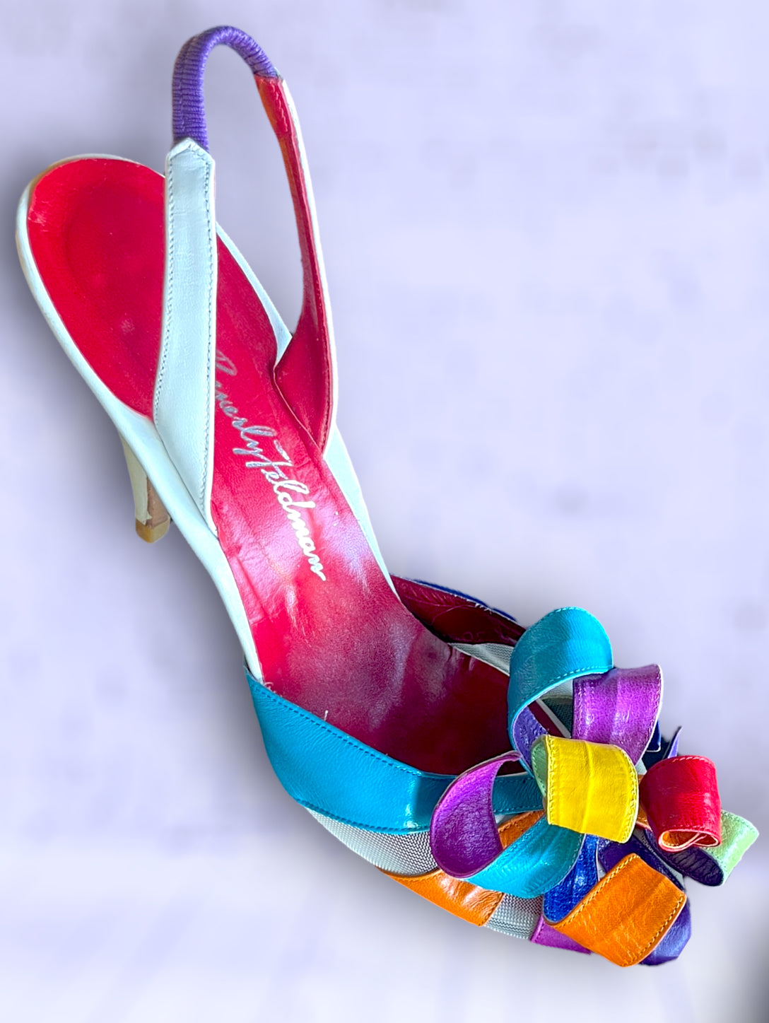 Vintage 1970’s Rainbow Leather Curly Flower Petal & See Through Mesh Panel Slingback Stiletto Heels