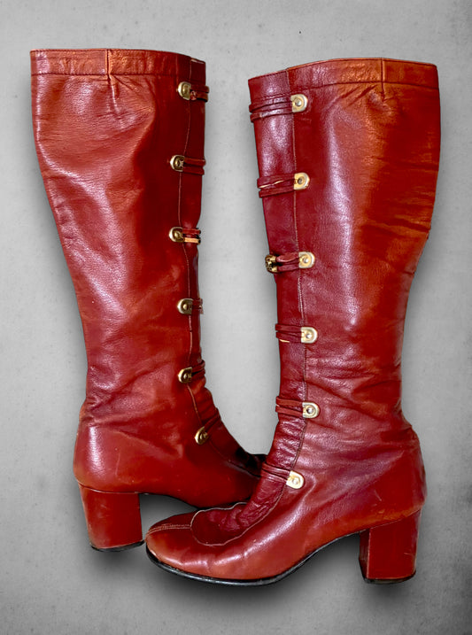 Vintage 1970’s Red Brown Leather Knee High Boots with Gold Detail