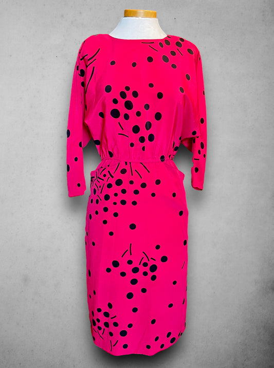 1980’s Pink Magenta Abstract Polka Dot Print Batwing Dress with Pockets