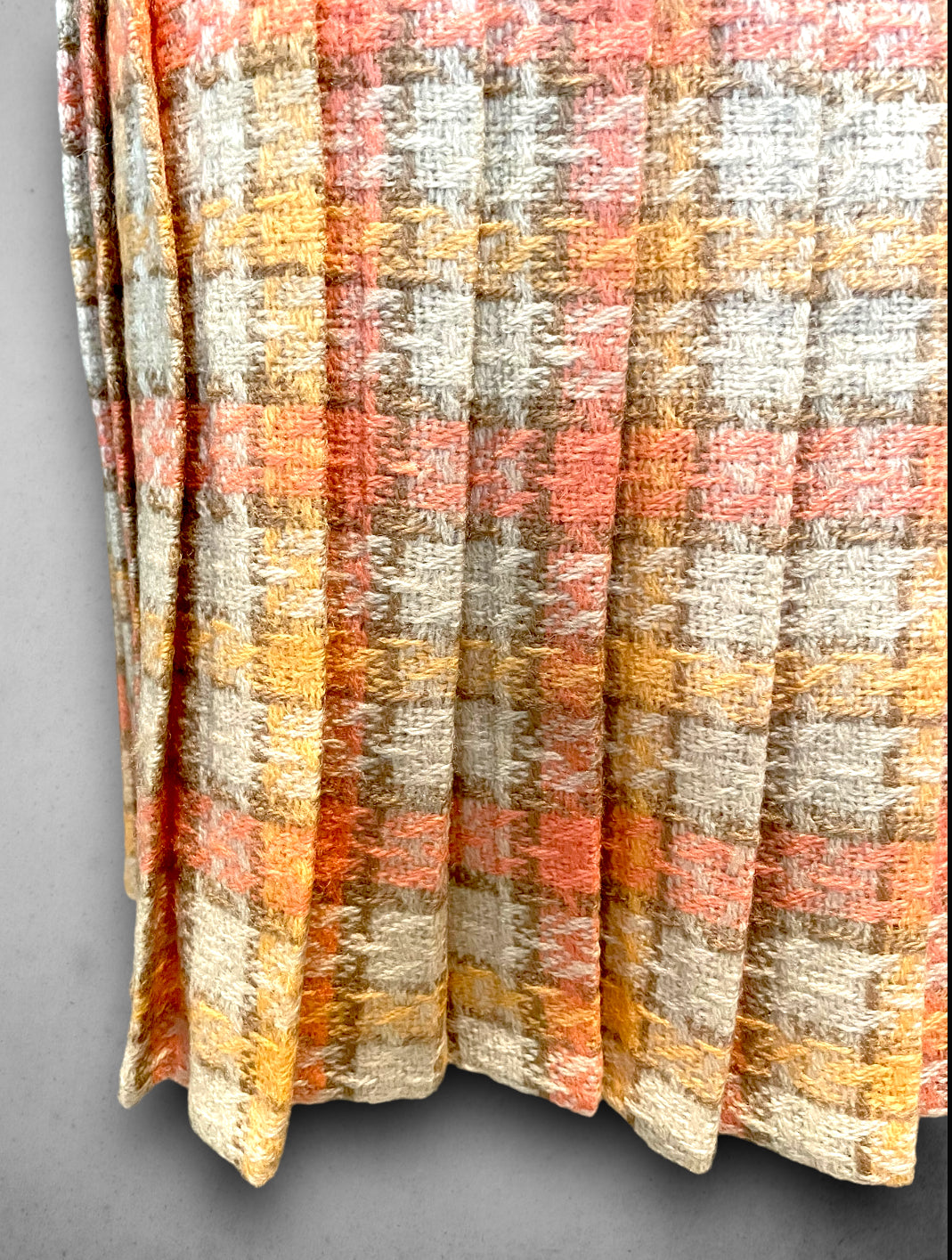 1960’s Wool Pleated Salmon Pink, Orange & Beige Plaid Skirt