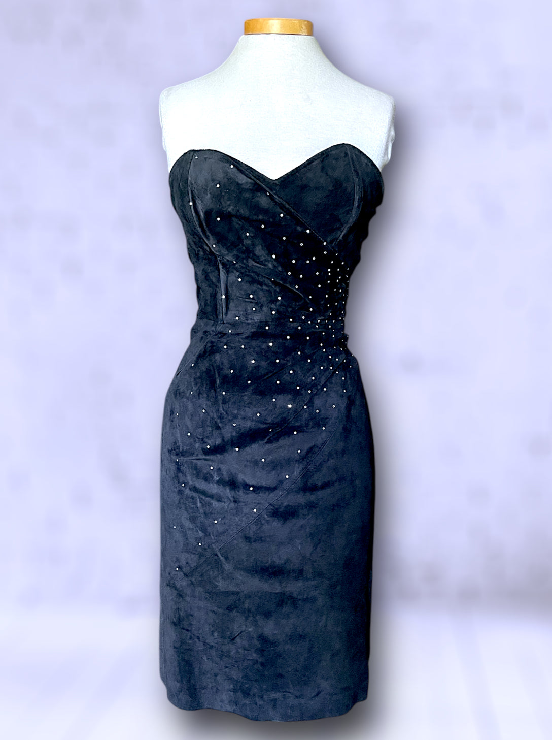 Vintage 1980’s Black Suede Leather Strapless Mini Dress with Crystal Detail