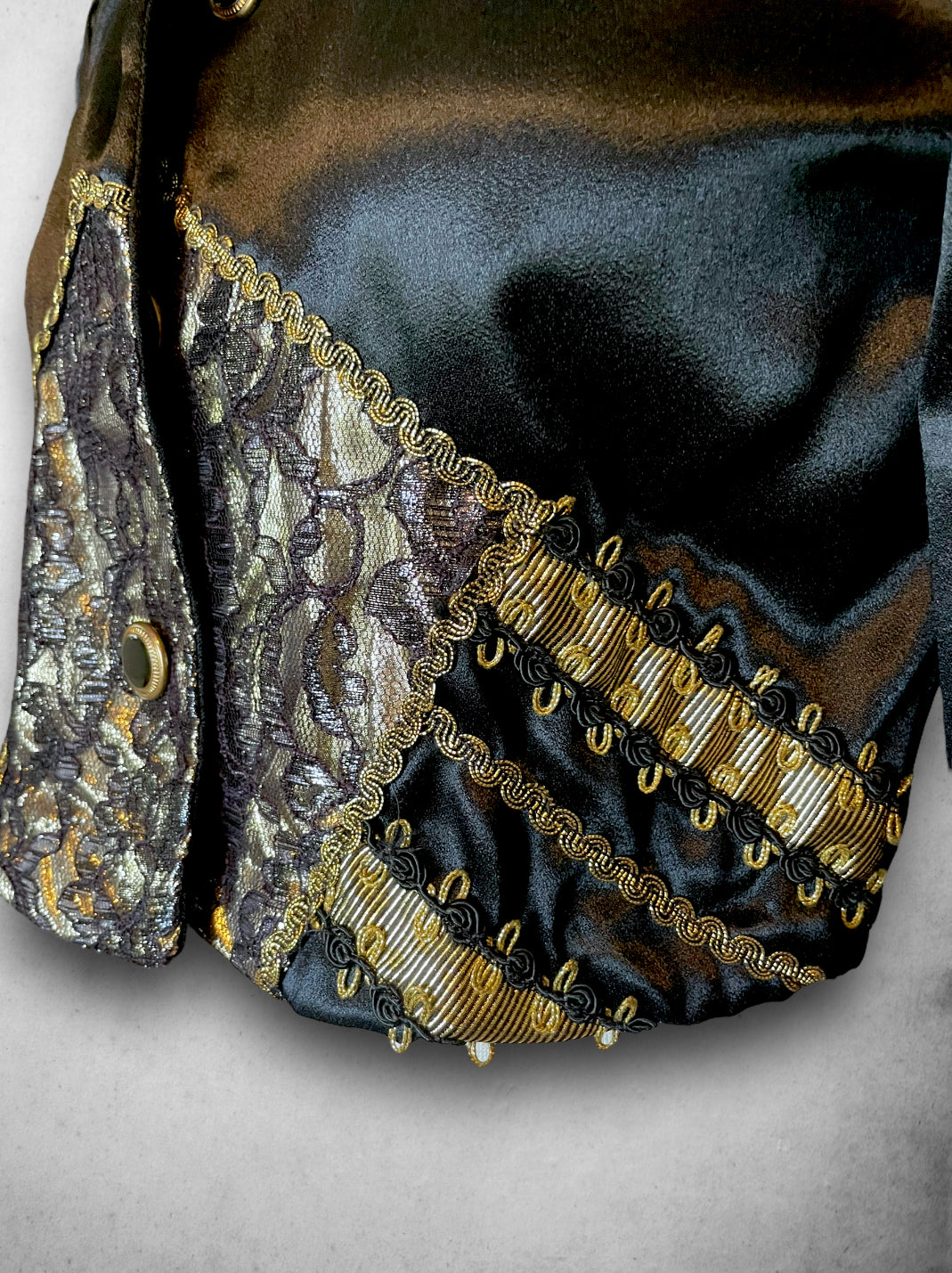 1980’s All That Jazz Black & Gold Lamé & Lace Pop Star Crop Satin Jacket