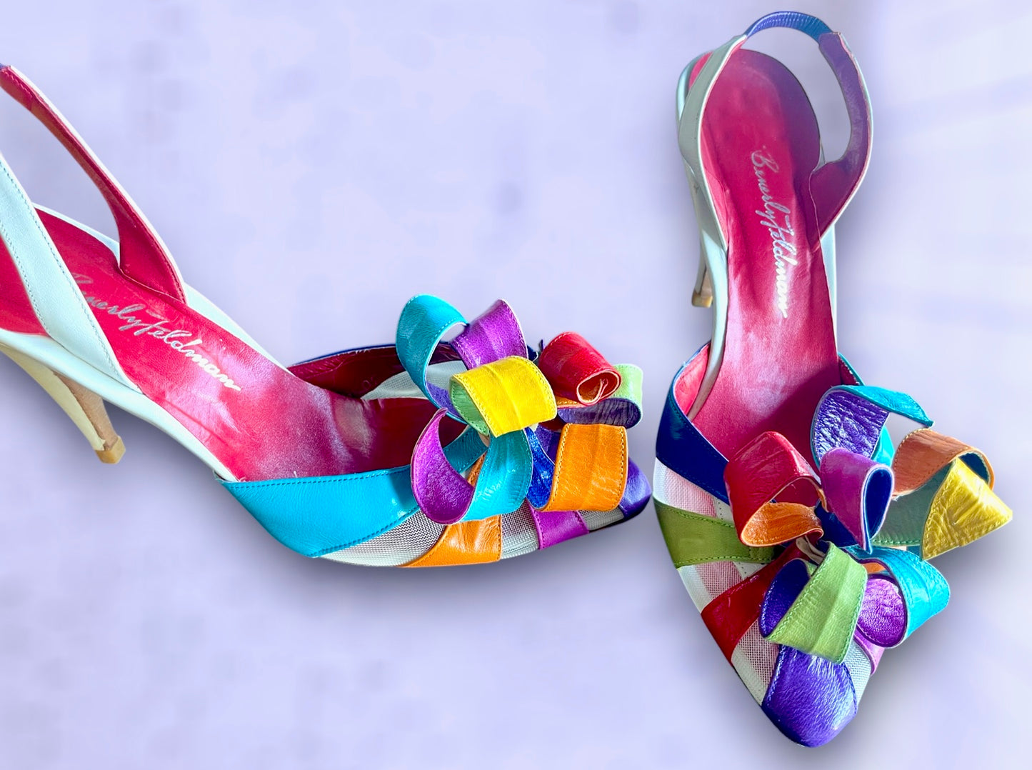 Vintage 1970’s Rainbow Leather Curly Flower Petal & See Through Mesh Panel Slingback Stiletto Heels