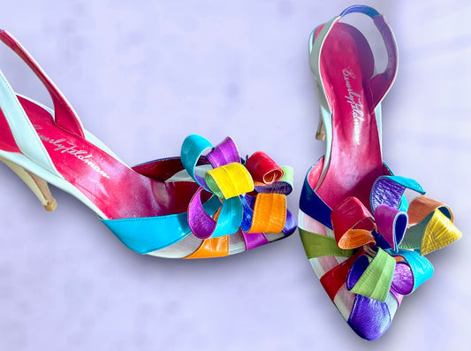 Vintage 1970’s Rainbow Leather Curly Flower Petal & See Through Mesh Panel Slingback Stiletto Heels