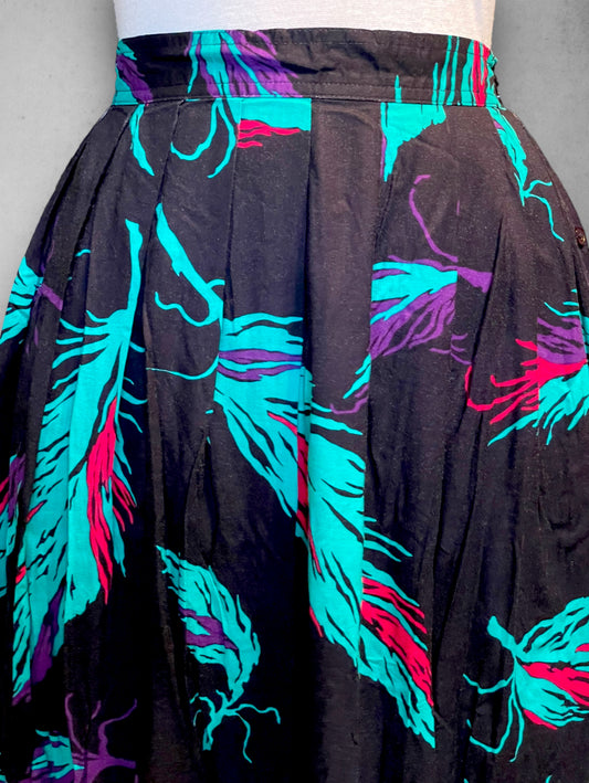 Vintage 1980’s Long Black, Teal Blue, Magenta Pink & Purple Feather Pattern Pocket Skirt