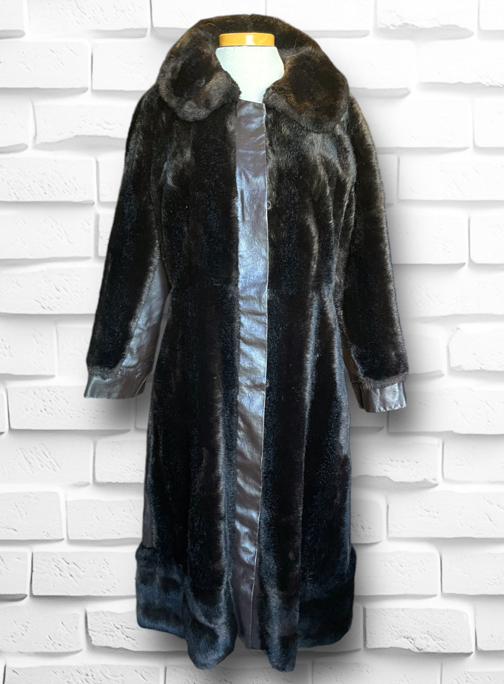 1970’s Vintage Faux Bear Fur & Genuine Leather Long Trench Coat Made in UK