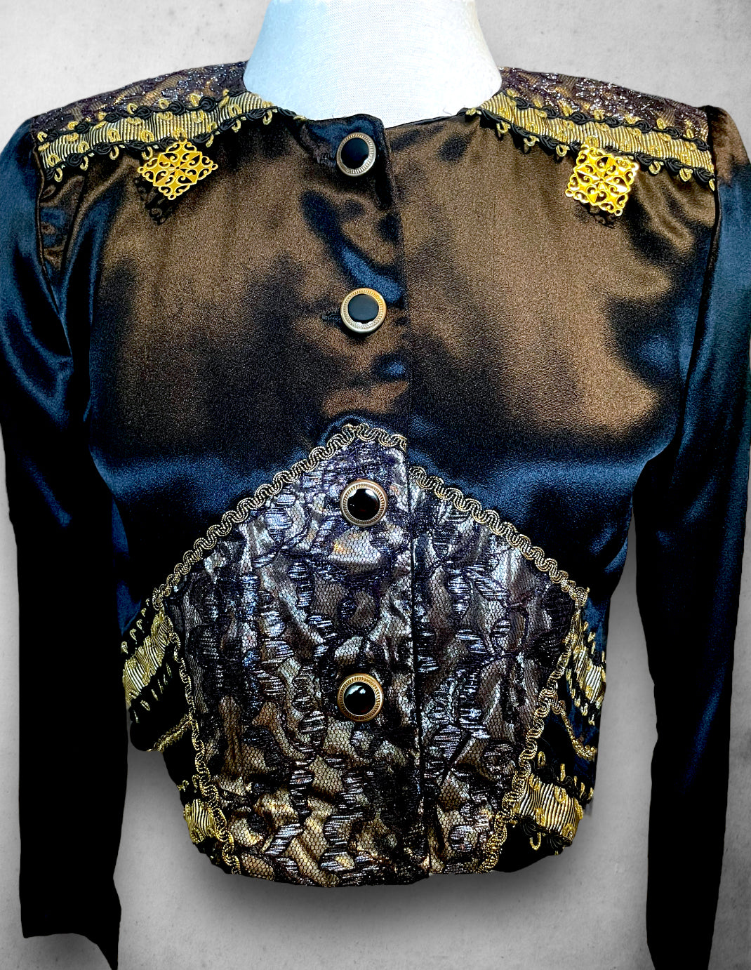 1980’s All That Jazz Black & Gold Lamé & Lace Pop Star Crop Satin Jacket