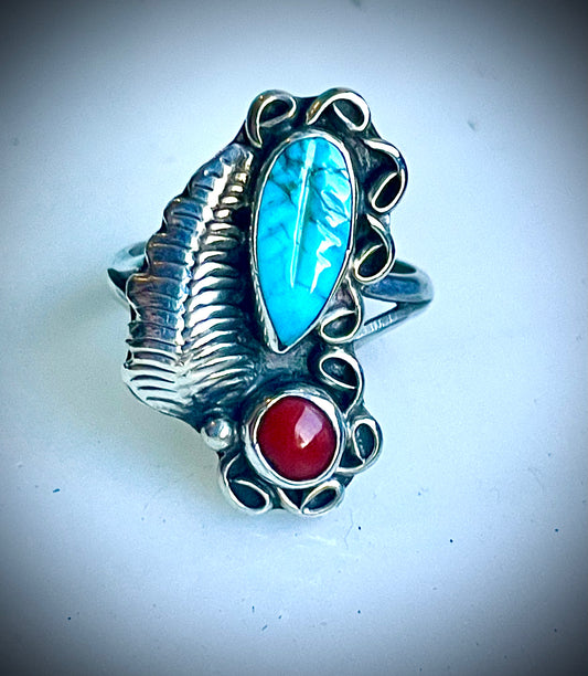 Native American Sterling Silver Turquoise Carved Leaf & Red Coral Ring w/ Leaf